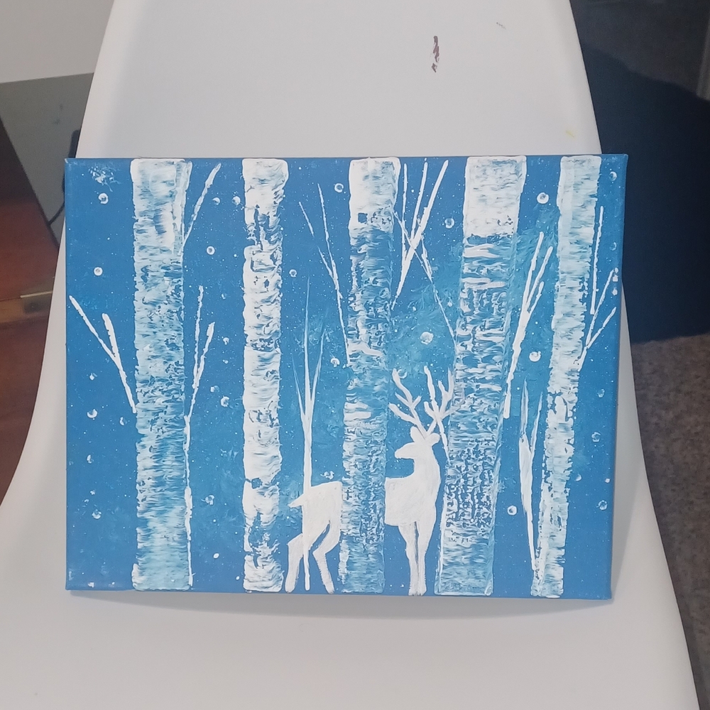 Original Acrylic Winter Forest Canvas Art with Deer